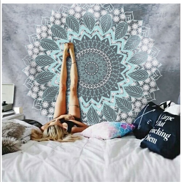 Boho Mandala Grey and Blue Geometric Tapestry Wall Hanging - Picture 1 of 5